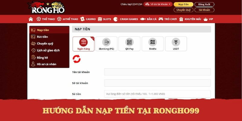 4 bước nạp tiền Rongho99 đơn giản